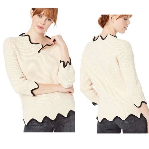J.O.A Scalloped Edge Knit Cropped 2 Tone 3/4” Sleeve Sweater Top Size Small NEW - Picture 1 of 7
